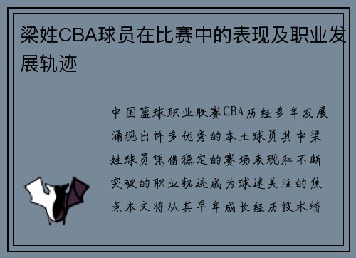 梁姓CBA球员在比赛中的表现及职业发展轨迹